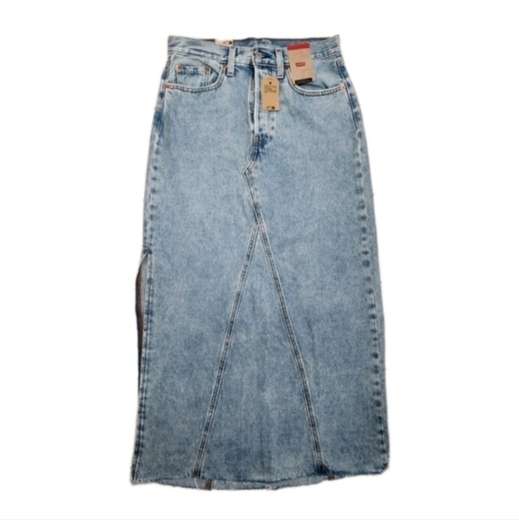 Levi's Icon Long Skirt Denim Light Wash A-Line Fit With Side Slit Size 29 - Picture 3 of 6